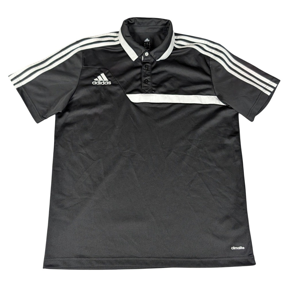 Adidas Polo Shirt Mens Large Black Climalite 3-Stripe Soccer Jersey Excellent